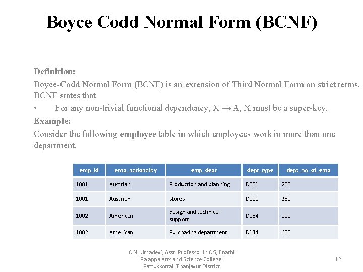 Boyce Codd Normal Form (BCNF) Definition: Boyce-Codd Normal Form (BCNF) is an extension of