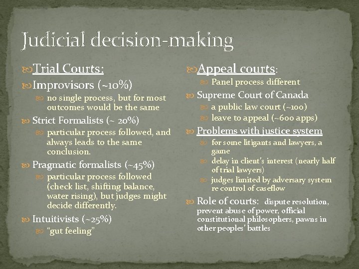 Judicial decision-making Trial Courts: Improvisors (~10%) no single process, but for most outcomes would