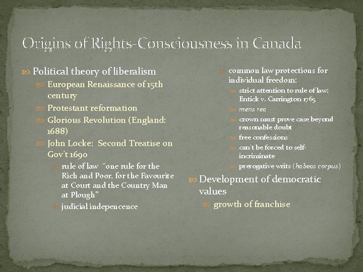 Origins of Rights-Consciousness in Canada Political theory of liberalism European Renaissance of 15 th