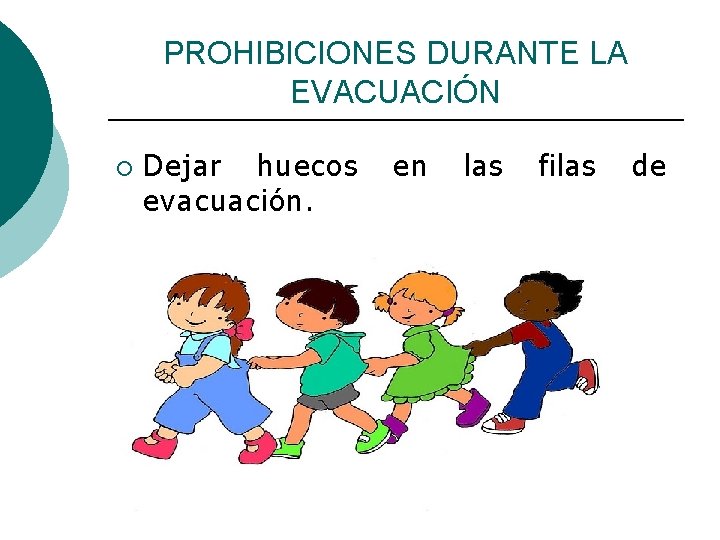 PROHIBICIONES DURANTE LA EVACUACIÓN ¡ Dejar huecos evacuación. en las filas de 