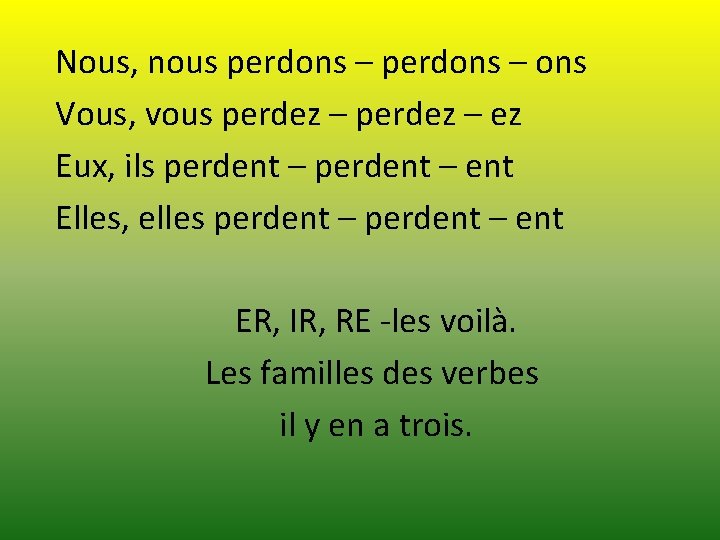 Nous, nous perdons – ons Vous, vous perdez – ez Eux, ils perdent –