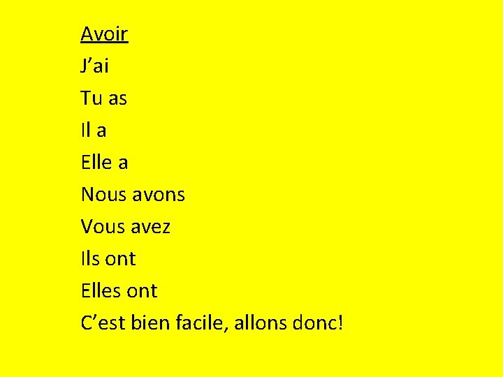 Avoir J’ai Tu as Il a Elle a Nous avons Vous avez Ils ont