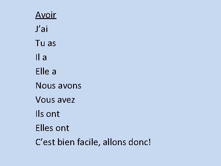 Avoir J’ai Tu as Il a Elle a Nous avons Vous avez Ils ont
