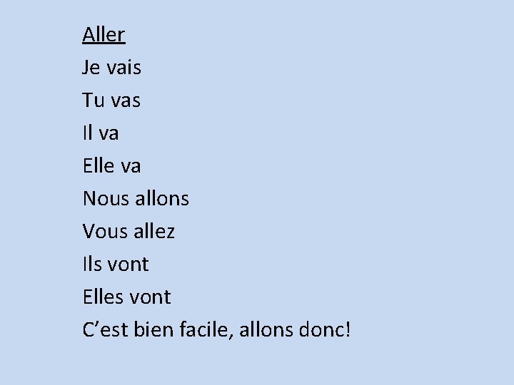 Aller Je vais Tu vas Il va Elle va Nous allons Vous allez Ils