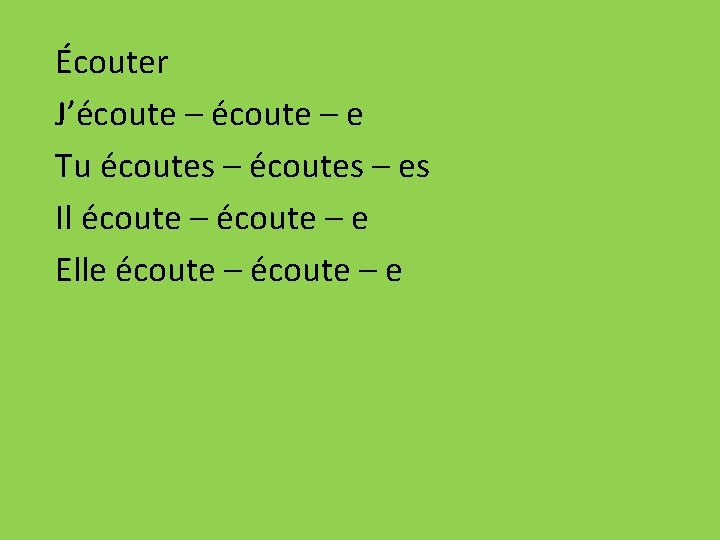 Écouter J’écoute – e Tu écoutes – es Il écoute – e Elle écoute