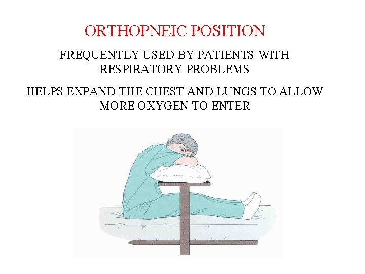 ORTHOPNEIC POSITION FREQUENTLY USED BY PATIENTS WITH RESPIRATORY PROBLEMS HELPS EXPAND THE CHEST AND