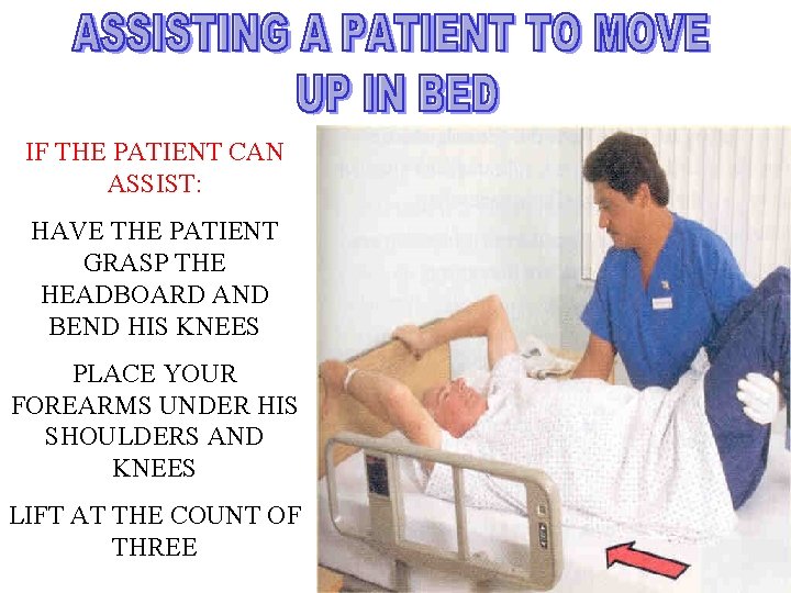 IF THE PATIENT CAN ASSIST: HAVE THE PATIENT GRASP THE HEADBOARD AND BEND HIS