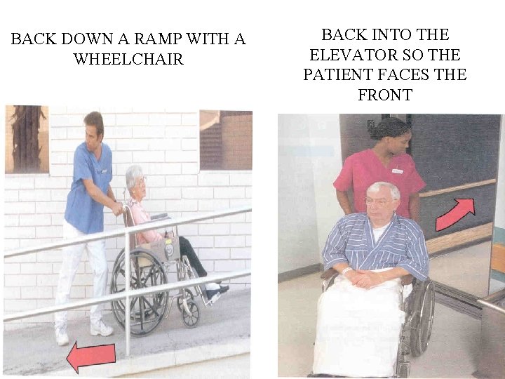 BACK DOWN A RAMP WITH A WHEELCHAIR BACK INTO THE ELEVATOR SO THE PATIENT