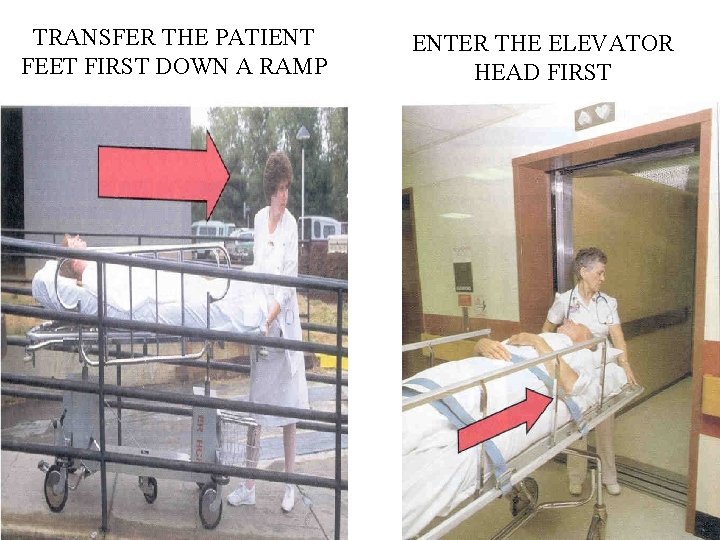 TRANSFER THE PATIENT FEET FIRST DOWN A RAMP ENTER THE ELEVATOR HEAD FIRST 