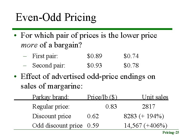 Even-Odd Pricing • For which pair of prices is the lower price more of