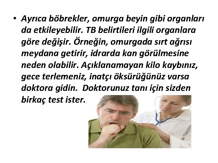  • Ayrıca böbrekler, omurga beyin gibi organları da etkileyebilir. TB belirtileri ilgili organlara