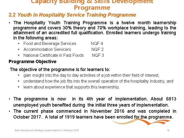 Capacity Building & Skills Development Programme 2. 2 Youth in Hospitality Service Training Programme