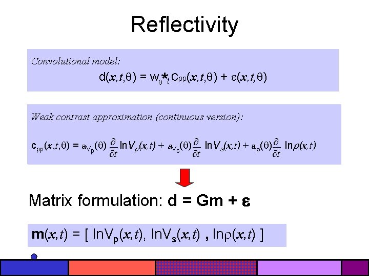 Reflectivity Convolutional model: d(x, t, ) = w t cpp(x, t, ) + (x,