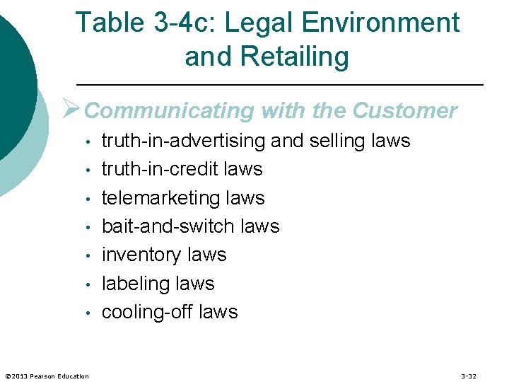 Table 3 -4 c: Legal Environment and Retailing ØCommunicating with the Customer • •
