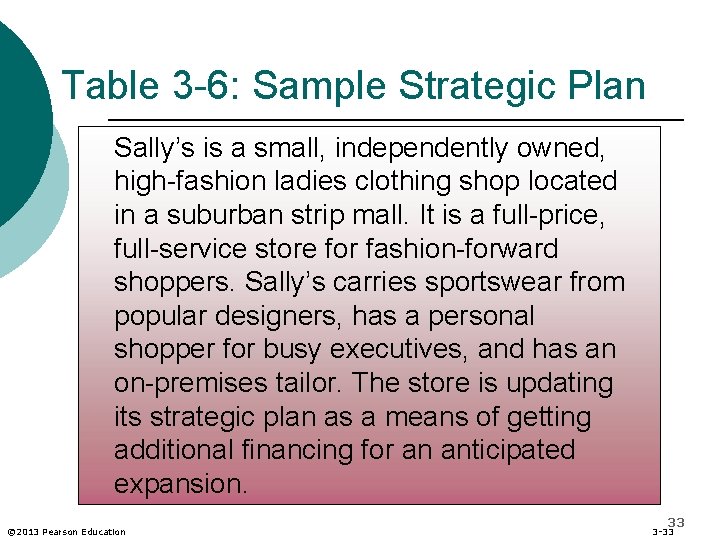 Table 3 -6: Sample Strategic Plan Sally’s is a small, independently owned, high-fashion ladies