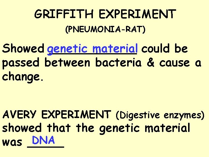 GRIFFITH EXPERIMENT (PNEUMONIA-RAT) Showed genetic ______ material could be passed between bacteria & cause