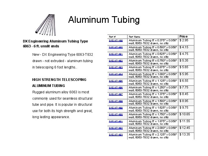 Aluminum Tubing DX Engineering Aluminum Tubing Type 6063 - 6 ft. unslit ends Part