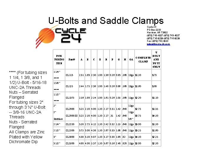 U-Bolts and Saddle Clamps Cycle 24 PO Box 2233 Harrison, AR 72602 (870) 743