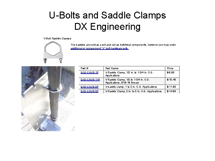 U-Bolts and Saddle Clamps DX Engineering V-Bolt Saddle Clamps The saddles are sold as