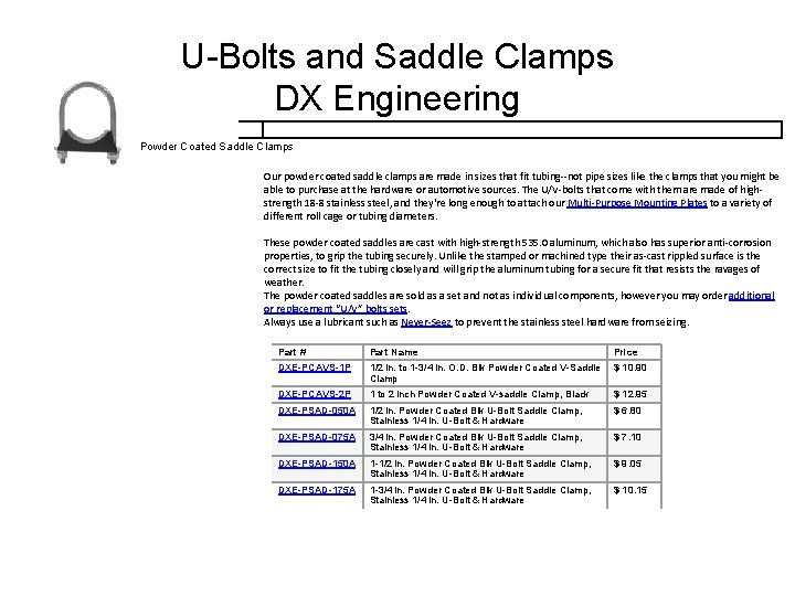 U-Bolts and Saddle Clamps DX Engineering Powder Coated Saddle Clamps Our powder coated saddle