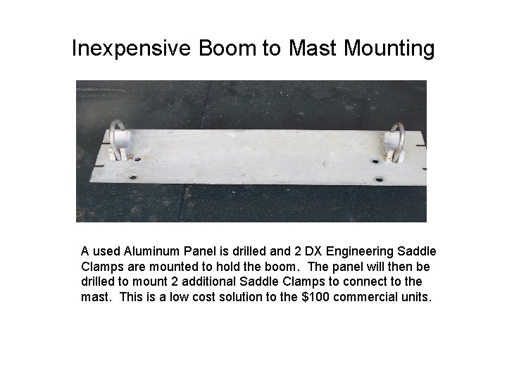Inexpensive Boom to Mast Mounting A used Aluminum Panel is drilled and 2 DX