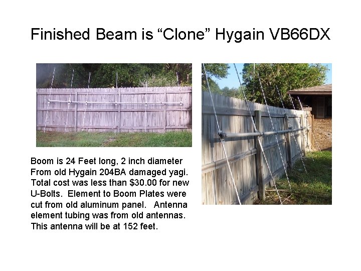 Finished Beam is “Clone” Hygain VB 66 DX Boom is 24 Feet long, 2