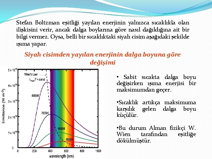 Stefan Boltzman eşitliği yayılan enerjinin yalnızca sıcaklıkla olan ilişkisini verir, ancak dalga boylarına göre