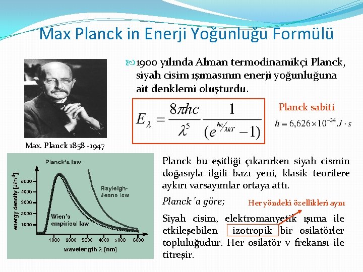 Max Planck in Enerji Yoğunluğu Formülü 1900 yılında Alman termodinamikçi Planck, siyah cisim ışımasının