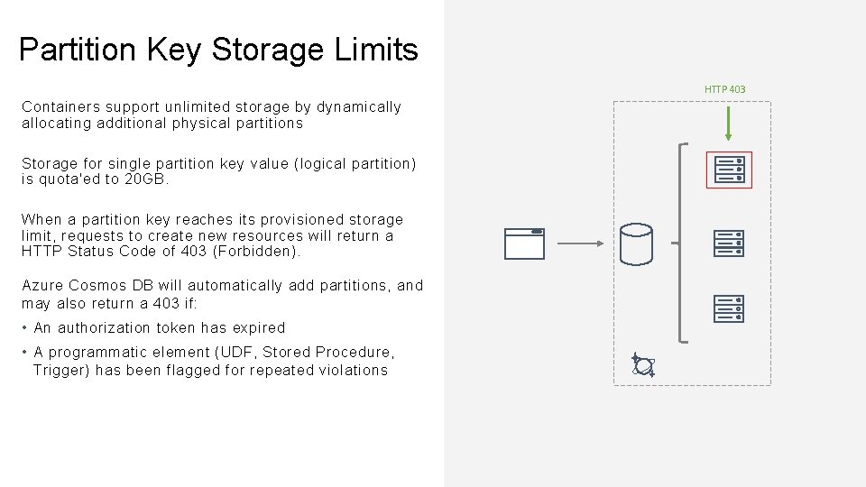 Partition Key Storage Limits HTTP 403 Containers support unlimited storage by dynamically allocating additional