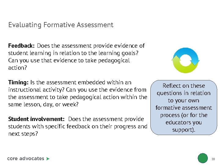 Evaluating Formative Assessment Feedback: Does the assessment provide evidence of student learning in relation