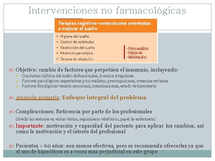 Intervenciones no farmacológicas · Psicoanálisis · Hipnosis · Meditación Objetivo: cambio de factores que