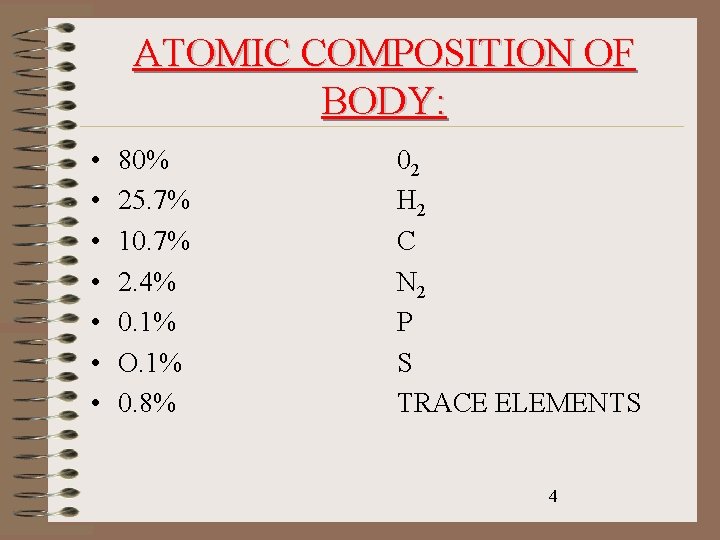 ATOMIC COMPOSITION OF BODY: • • 80% 25. 7% 10. 7% 2. 4% 0.