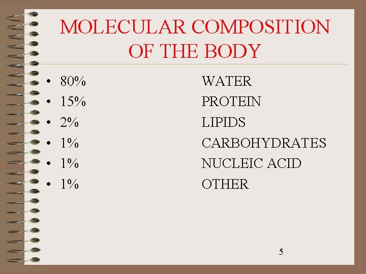 MOLECULAR COMPOSITION OF THE BODY • • • 80% 15% 2% 1% 1% 1%