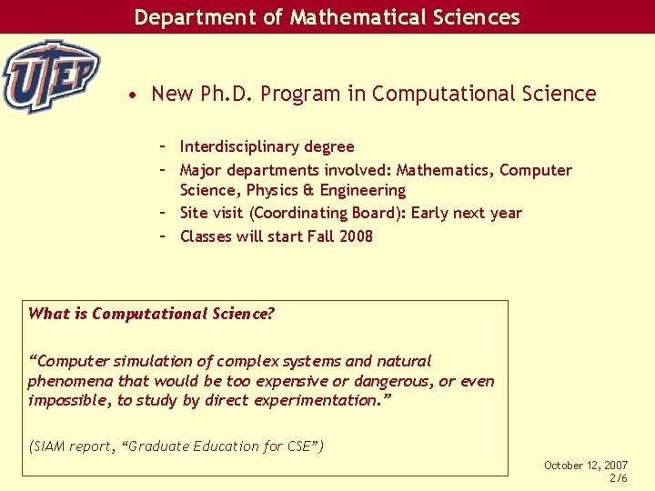 Department of Mathematical Sciences • New Ph. D. Program in Computational Science – Interdisciplinary