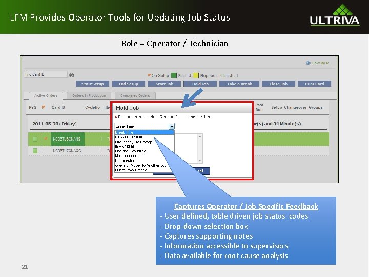 LFM Provides Operator Tools for Updating Job Status Role = Operator / Technician Captures