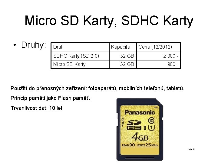 Micro SD Karty, SDHC Karty • Druhy: Druh Kapacita Cena (12/2012) SDHC Karty (SD