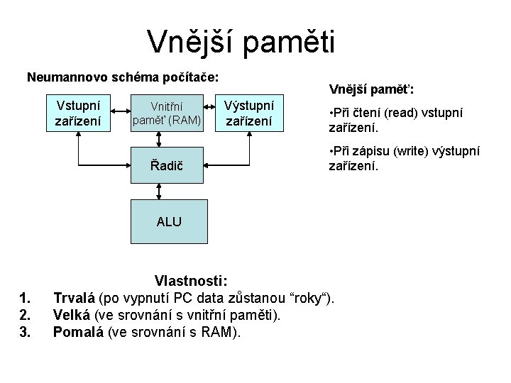 Vnější paměti Neumannovo schéma počítače: Vstupní zařízení Vnitřní paměť (RAM) Řadič Vnější paměť: Výstupní