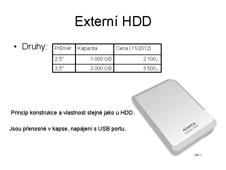 Externí HDD • Druhy: Průměr Kapacita Cena (11/2012) 2, 5" 1 000 GB 2