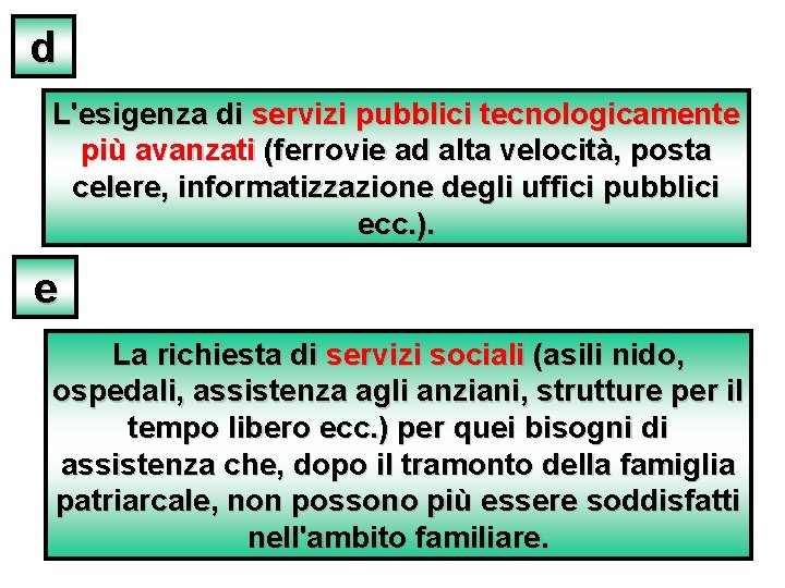 d L'esigenza di servizi pubblici tecnologicamente più avanzati (ferrovie ad alta velocità, posta celere,