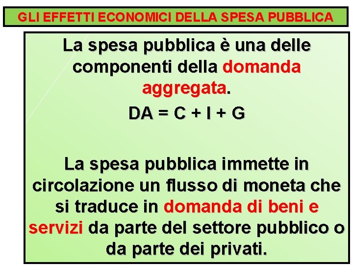 GLI EFFETTI ECONOMICI DELLA SPESA PUBBLICA La spesa pubblica è una delle componenti della