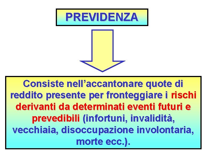 PREVIDENZA Consiste nell’accantonare quote di reddito presente per fronteggiare i rischi derivanti da determinati