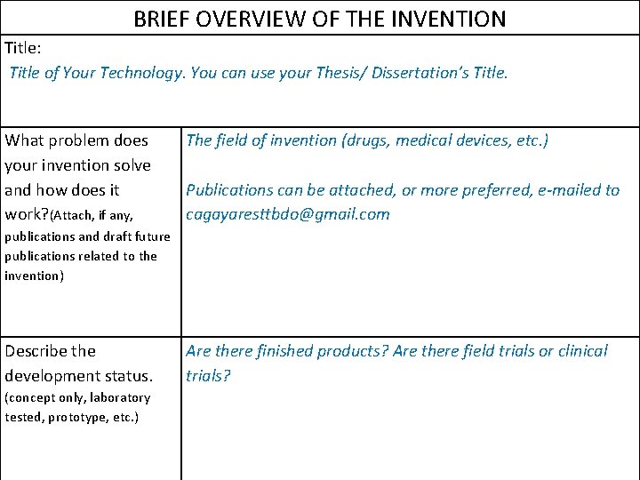 BRIEF OVERVIEW OF THE INVENTION Title: Title of Your Technology. You can use your