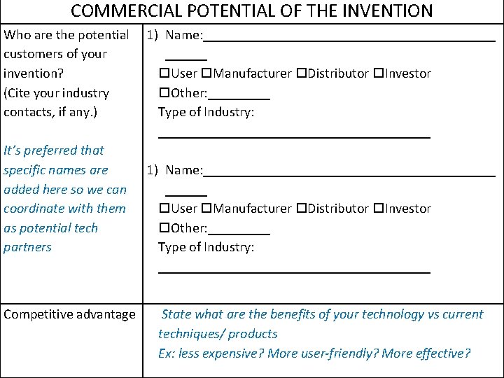 COMMERCIAL POTENTIAL OF THE INVENTION Who are the potential 1) Name: _____________________ customers of