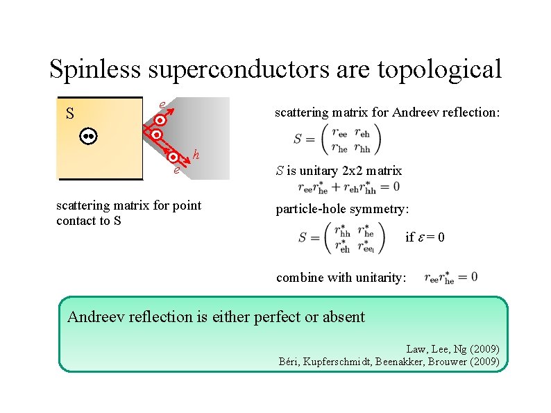 Spinless superconductors are topological S e scattering matrix for Andreev reflection: e h scattering
