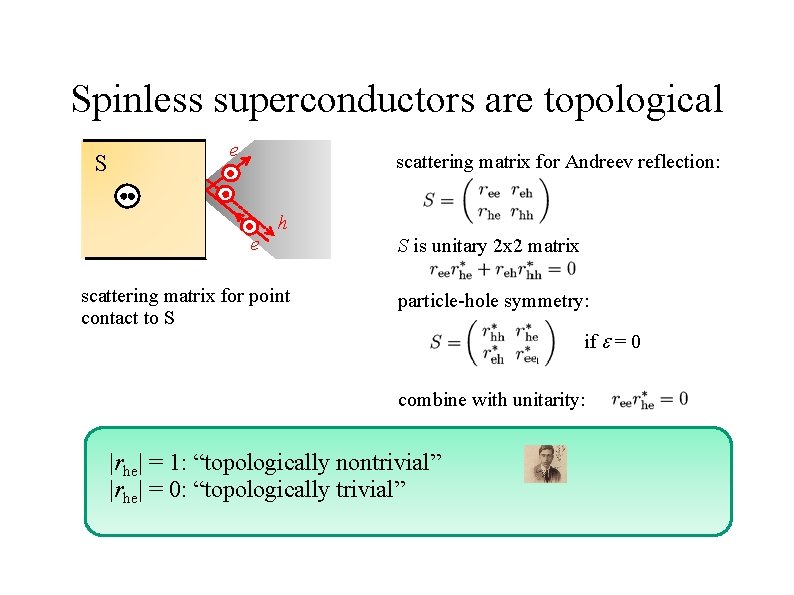 Spinless superconductors are topological S e scattering matrix for Andreev reflection: e h scattering