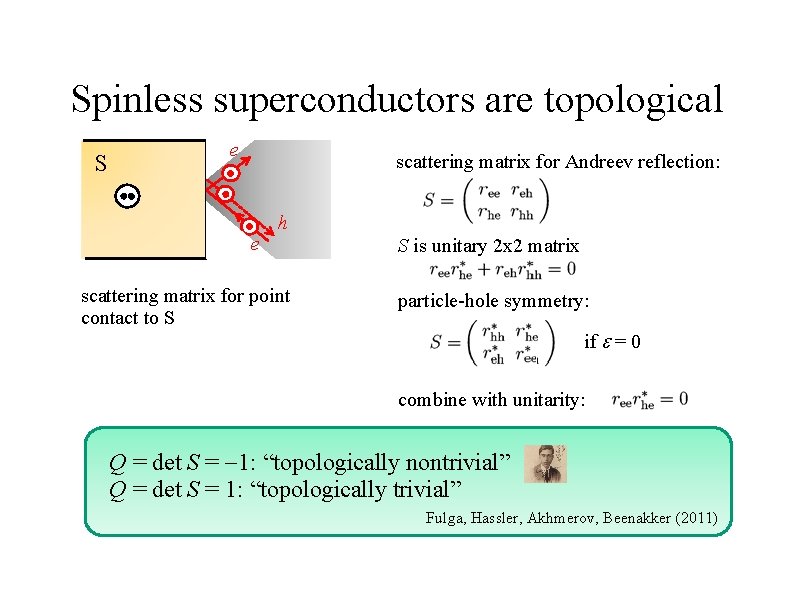 Spinless superconductors are topological S e scattering matrix for Andreev reflection: e h scattering