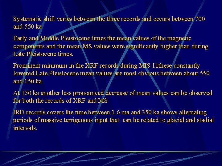 Systematic shift varies between the three records and occurs between 700 and 550 ka