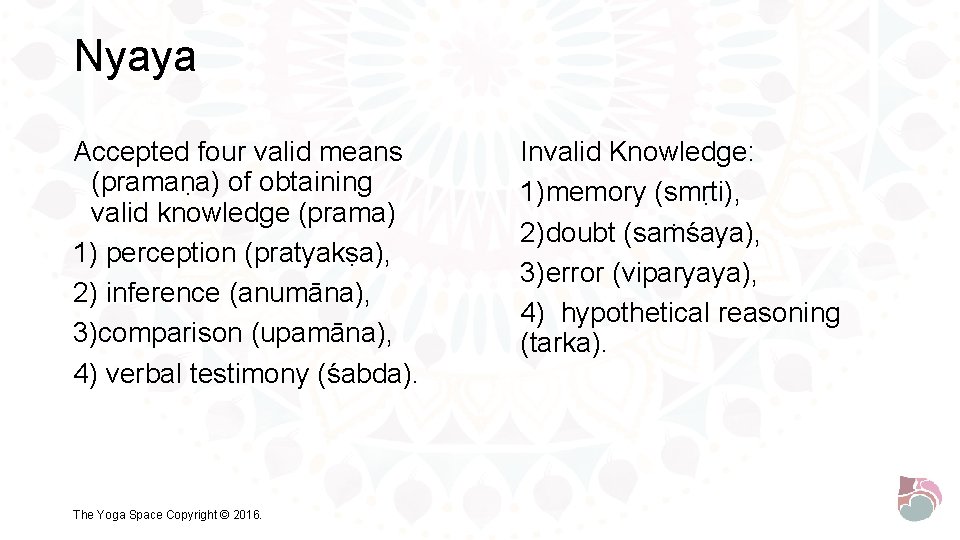 Nyaya Accepted four valid means (pramaṇa) of obtaining valid knowledge (prama) 1) perception (pratyakṣa),