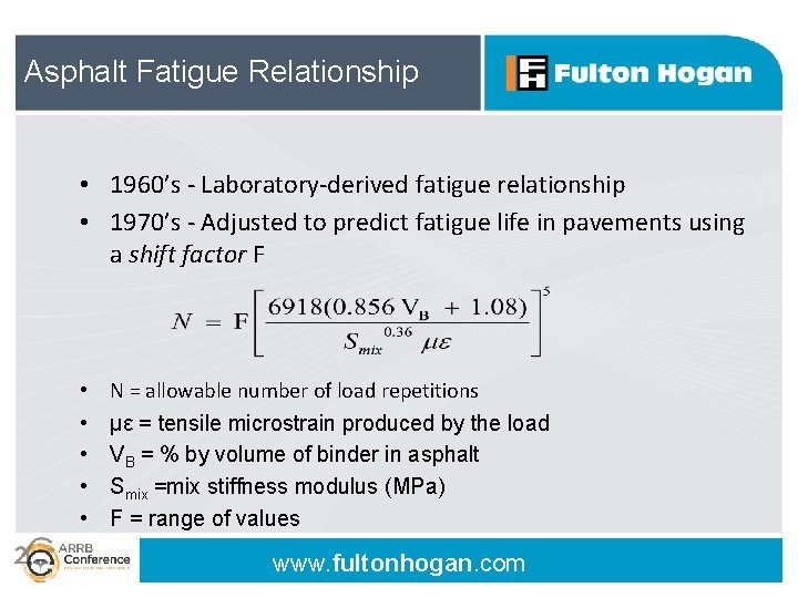 Asphalt Fatigue Relationship • 1960’s - Laboratory-derived fatigue relationship • 1970’s - Adjusted to