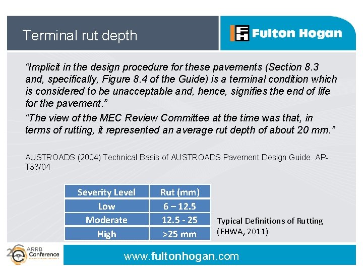 Terminal rut depth “Implicit in the design procedure for these pavements (Section 8. 3